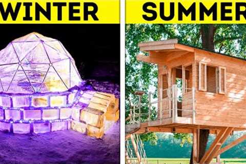 WINTER ICE IGLOO VS. SUMMER TREEHOUSE || Cheap And Giant DIY House Crafts From Wood, Ice And Clay