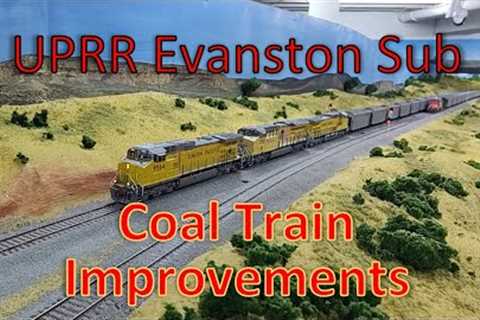 Coal Train Improvements on the UPRR Evanston Sub.  HO Scale Model Trains in Action. RD4 Autofloods