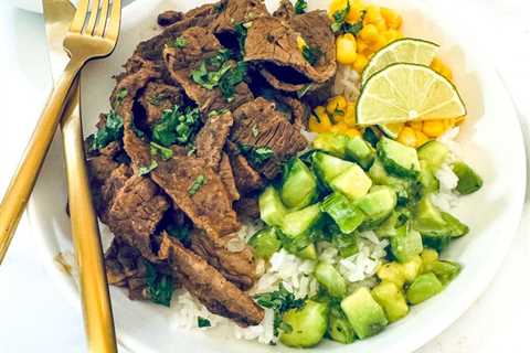 Carne Asada Rice Bowl with Cucumber Avocado Salsa